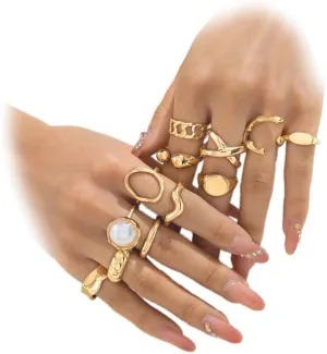 12PCS Chunky Gold Rings for Women Non Tarnish 14k Gold Stackable Knuckle Rings Set Adjustable Open Thick Statement Rings Jewelry Pack for Gifts