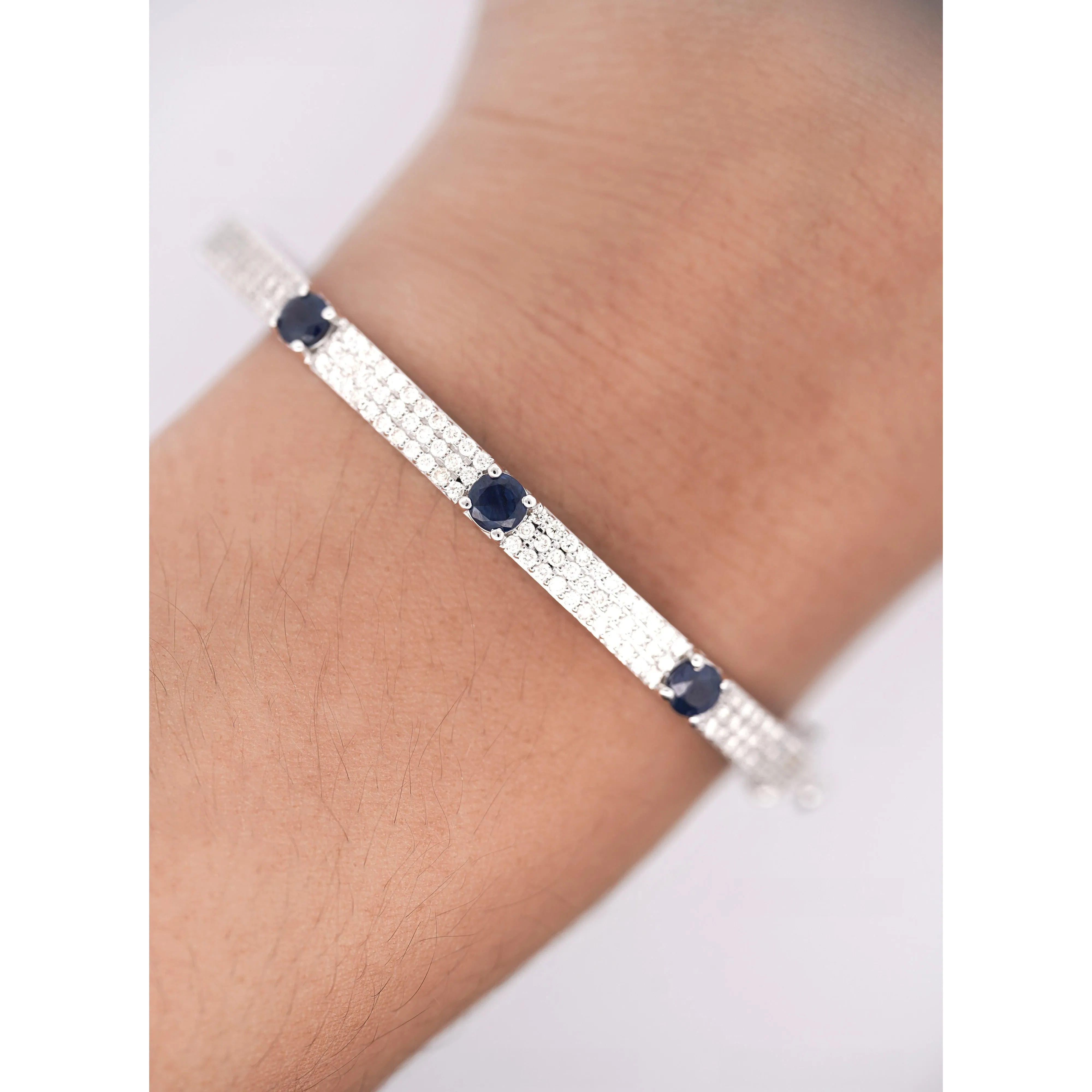 14K White Gold Diamond and Blue Sapphire Pave Bangle Bracelet