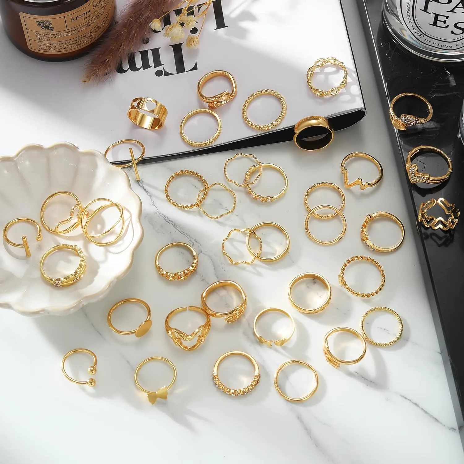 19-36 Pcs Gold Boho Knuckle Rings Set for Women, Vintage Stackable Dainty Joint Finger Gold Jewelry Set with Love Pearl and Sparkling Crystals