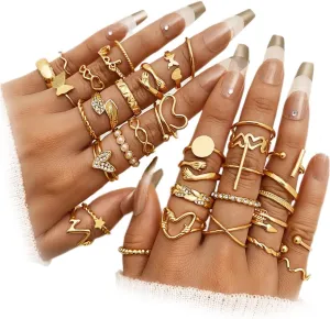 19-36 Pcs Gold Boho Knuckle Rings Set for Women, Vintage Stackable Dainty Joint Finger Gold Jewelry Set with Love Pearl and Sparkling Crystals