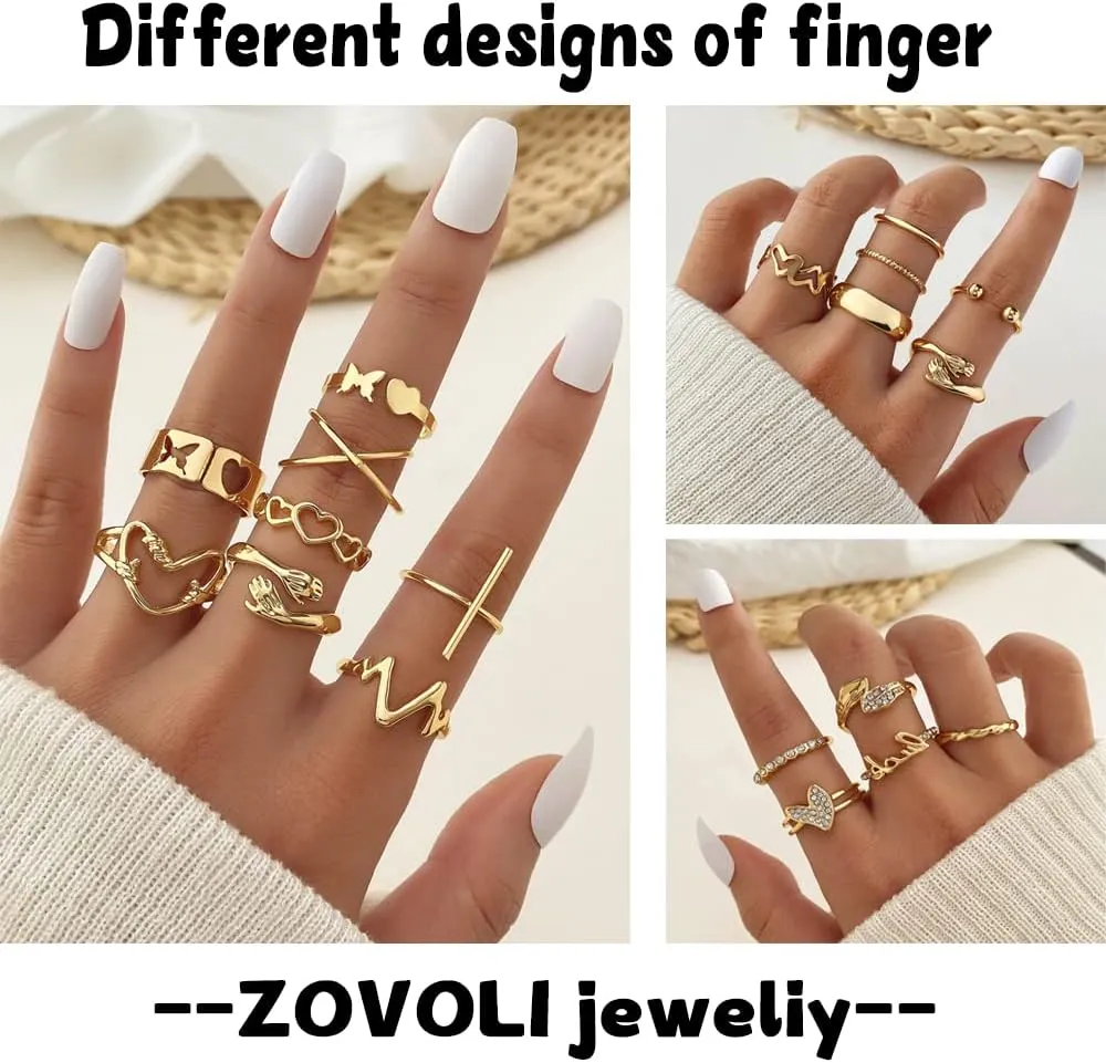 19-36 Pcs Gold Boho Knuckle Rings Set for Women, Vintage Stackable Dainty Joint Finger Gold Jewelry Set with Love Pearl and Sparkling Crystals
