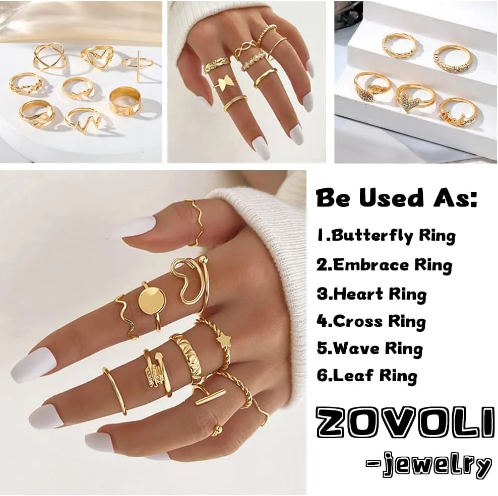 19-36 Pcs Gold Boho Knuckle Rings Set for Women, Vintage Stackable Dainty Joint Finger Gold Jewelry Set with Love Pearl and Sparkling Crystals