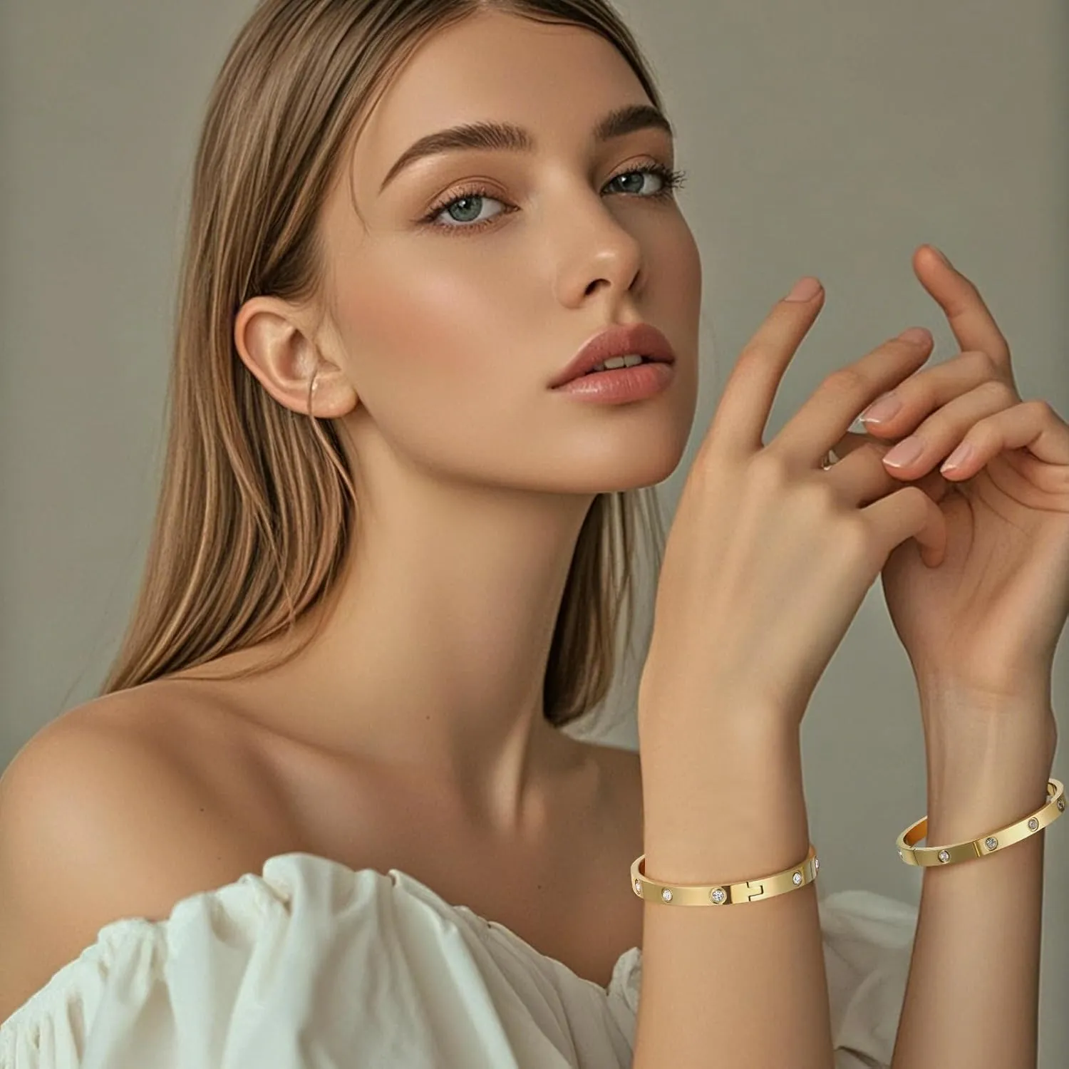2Pcs 18K Gold Plated Love Bangle Bracelets set for Women, Stainless Steel Cubic Zirconia Bangle Crystal Friendship Jewelry, Easter Wedding Birthday Gifts for Girlfriend, Wife, Monther