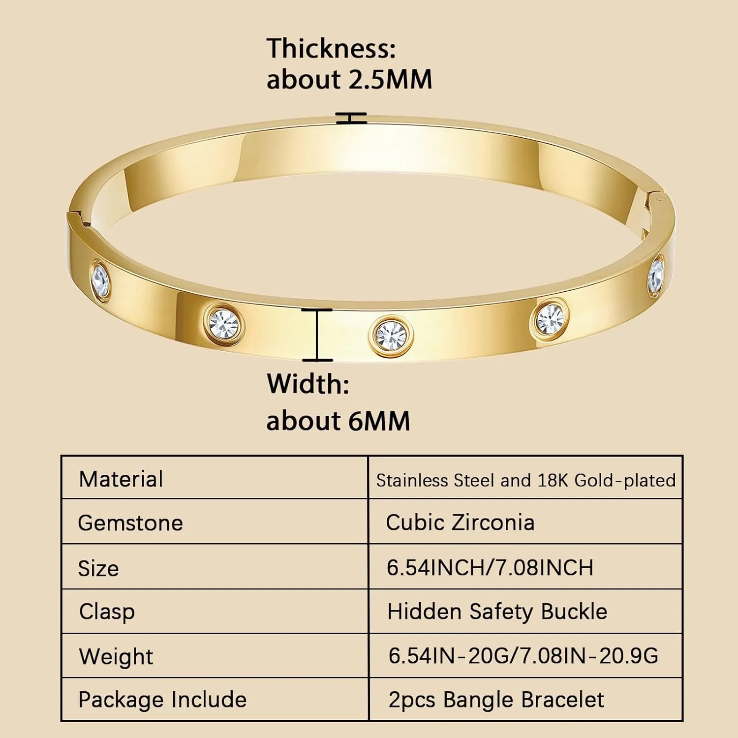 2Pcs 18K Gold Plated Love Bangle Bracelets set for Women, Stainless Steel Cubic Zirconia Bangle Crystal Friendship Jewelry, Easter Wedding Birthday Gifts for Girlfriend, Wife, Monther
