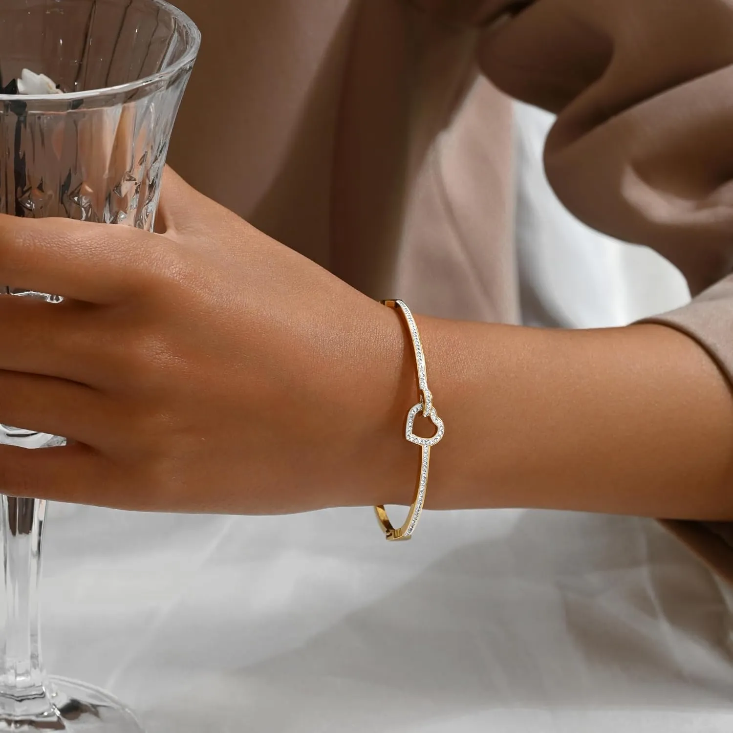 Bangle for Women 18K Gold Plated Dainty Cubic Zironia Bracelets Dainty Heart Hollow Out Honeycomb Stainless Steel Bangle Bracelet Classic Bangle Gifts