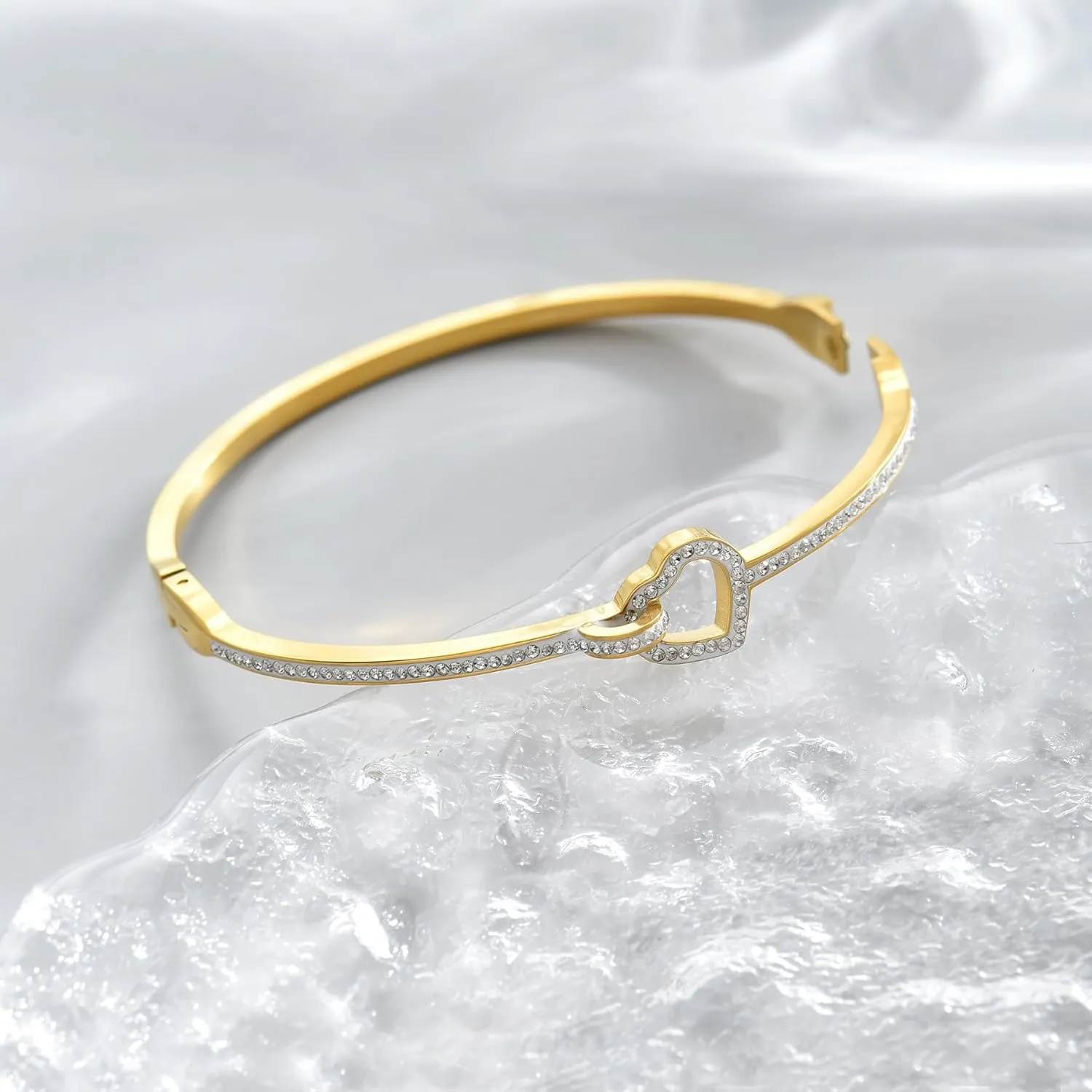 Bangle for Women 18K Gold Plated Dainty Cubic Zironia Bracelets Dainty Heart Hollow Out Honeycomb Stainless Steel Bangle Bracelet Classic Bangle Gifts
