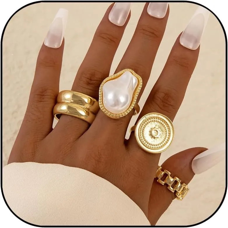 Chunky Gold Rings for Women Vintage Gold Rings Set Pearl Statement Knuckle Ring Gold Stackable Rings Jewelry