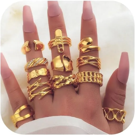 Dainty Gold Knuckle Rings Set for Women,14K Gold Plated Vintage Stackable Joint Finger Midi Rings Trendy Chunky Crystal Pearl Rings Pack Statement Jewelry