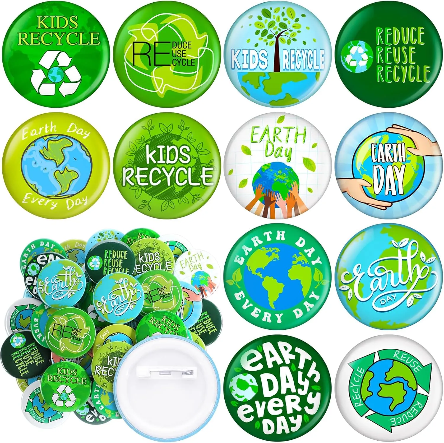 Hotop 48 Pcs Earth Day Buttons for Kids Mini Recycle Buttons Novelty Pin Earth Day Badges Gift Bulk Earth Day Recycle Mini Buttons for Kids Students Earth Day Party Favor