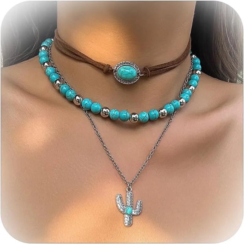 Layered Western Necklaces for Women Turquoise Beaded Necklaces Ox-Head Cactus Pendant Necklace Cowboy Cowgirl Choker Western Boho Jewelry Country Concert Outfit Accessories