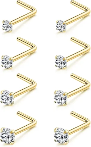 LOYALLOOK 8PCS Titanium Nose Rings, 20G/18G Corkscrew & L Shape Studs, Diamond CZ, Silver & Gold, Hypoallergenic, 1.5mm-3mm