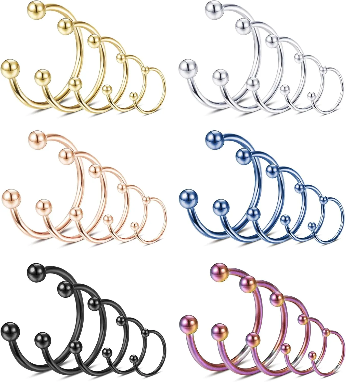ORAZIO 30PCS 16G Nose Septum Horseshoe Rings Stainless Steel Circular Barbells Cartilage Tragus Helix Eyebrow Lip Labret Nipple Ear Piercings Body Jewelry 6mm-14mm