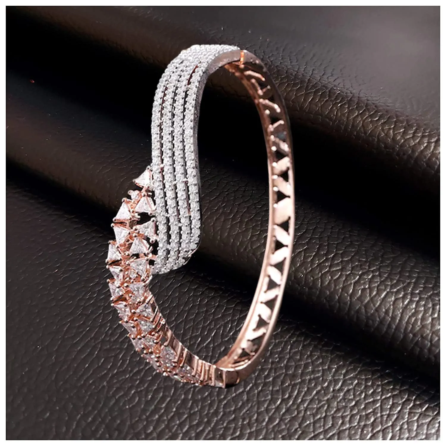 Rose Gold-Plated Cz Stone-Studded Handcrafted Bangle-Style Bracelet