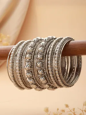 Set Of 18 Silver-Plated Textured Oxidised Bangles Set