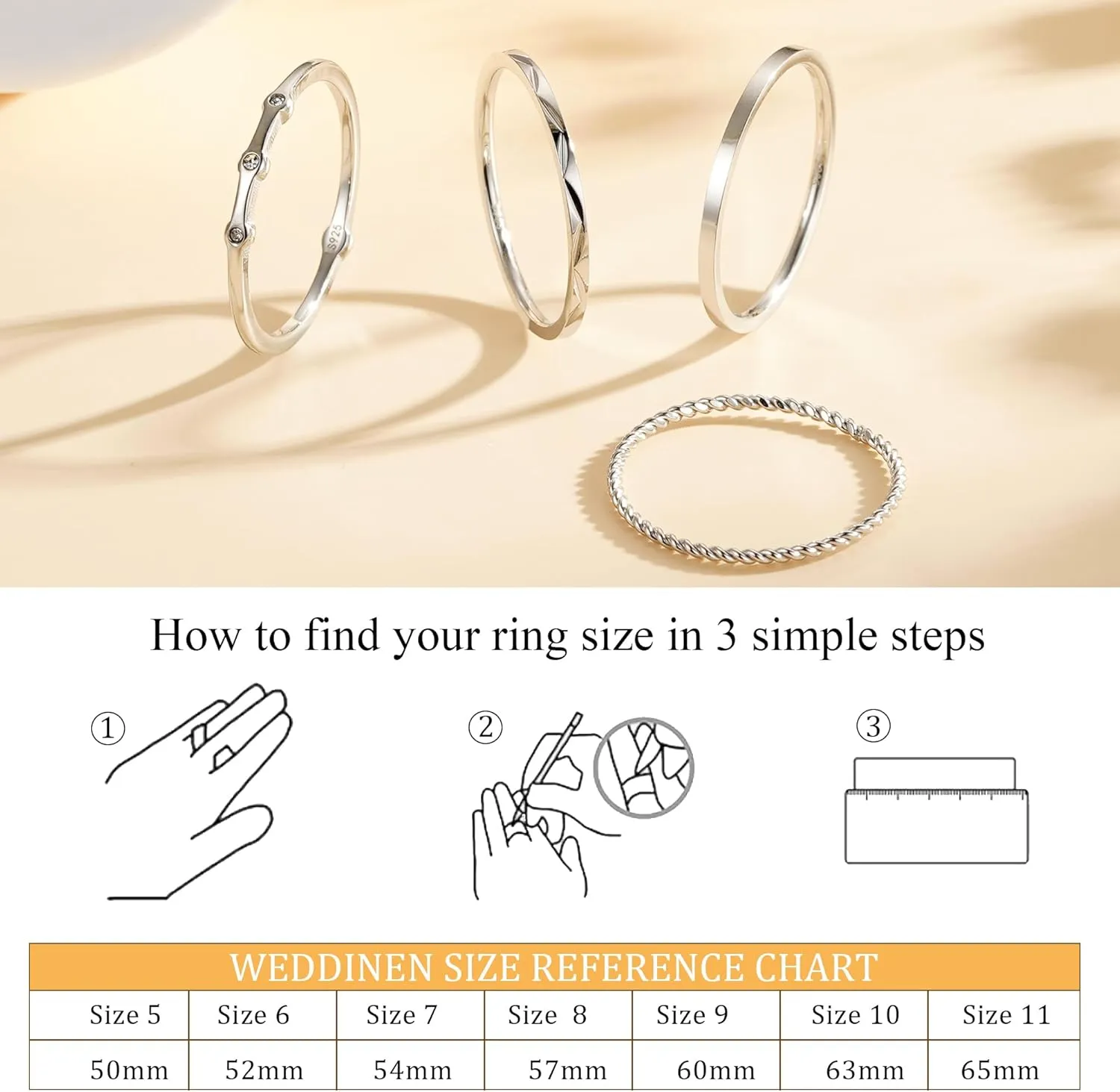 WEDDINEN S925 Sterling Silver Gold Rings for Women Non Tarnish, 4PC Stackable 18K Gold Plated Thin Thumb Ring Set Cubic Zirconia Dainty Stack Gold Knuckle Rings Set Size 6-10
