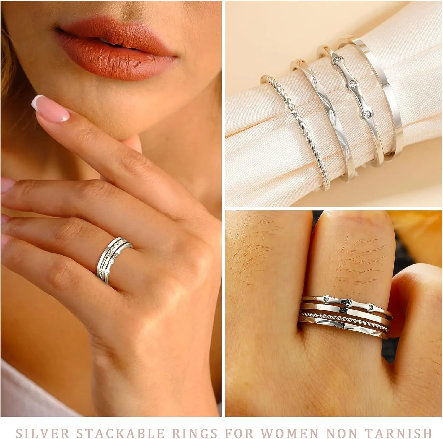WEDDINEN S925 Sterling Silver Gold Rings for Women Non Tarnish, 4PC Stackable 18K Gold Plated Thin Thumb Ring Set Cubic Zirconia Dainty Stack Gold Knuckle Rings Set Size 6-10